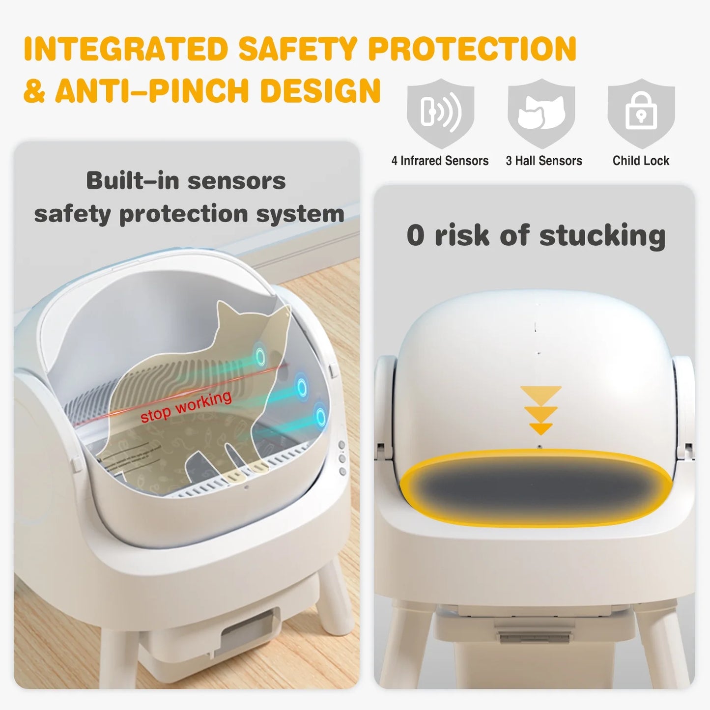 Large Open-Top Automatic Cat Litter Box Self Cleaning with Safety Protection, Mat and Trash Bags Included, White