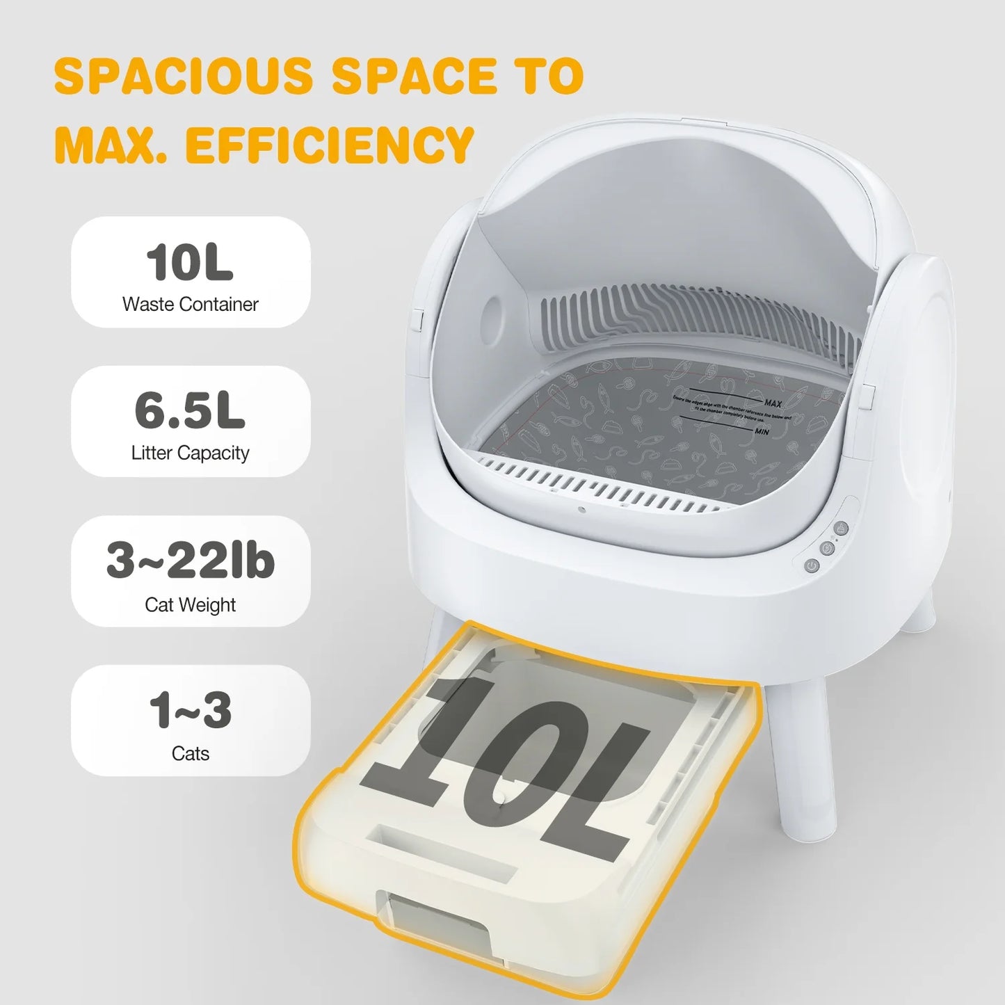 Large Open-Top Automatic Cat Litter Box Self Cleaning with Safety Protection, Mat and Trash Bags Included, White